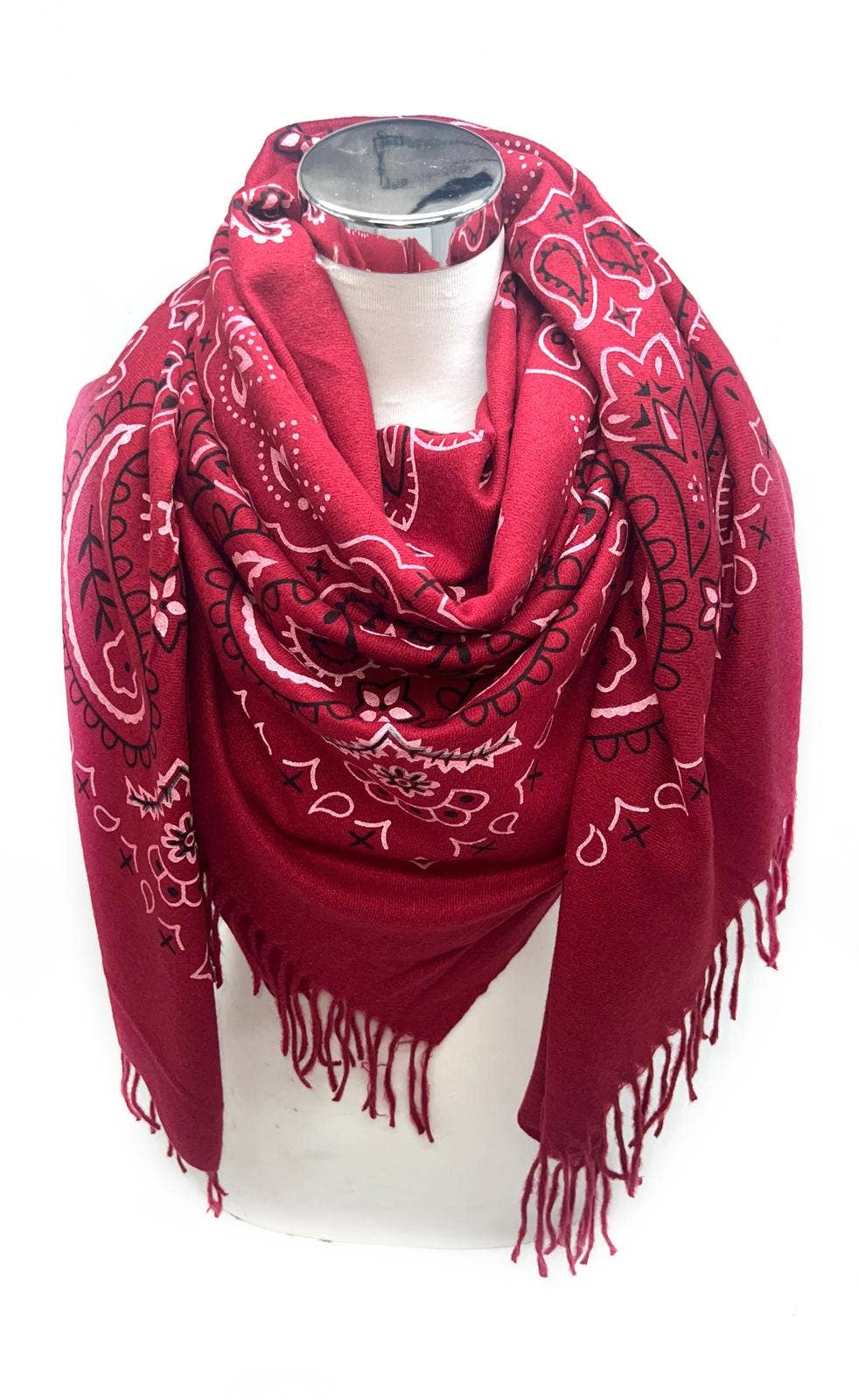 LINETA – Cachecol - Mulher por atacado – K8 Lenço grande quadrado com padrão bandana e franja longa4