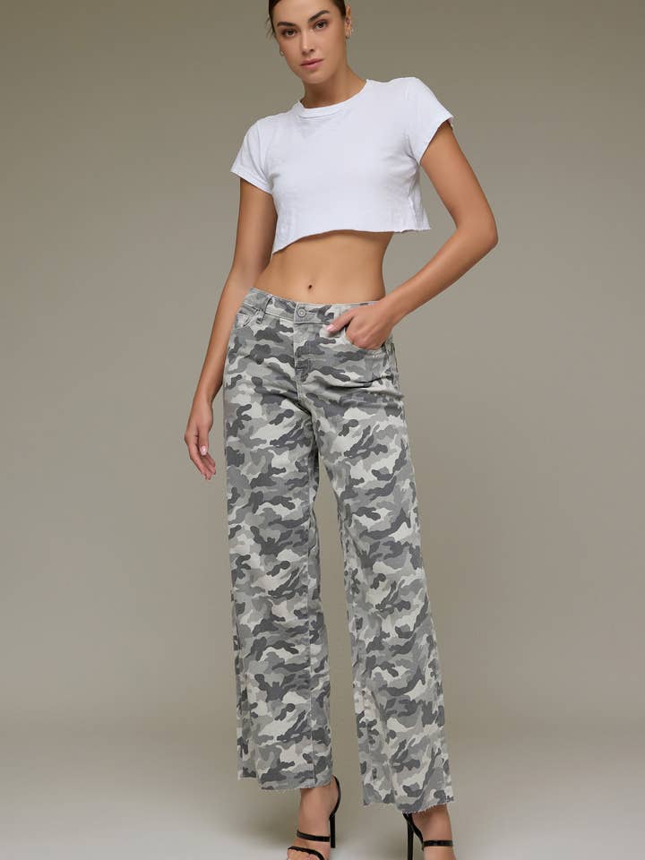 Grey Camo High Rise 32" Inseam Extra Wide leg for wholesale by Hidden Jeans
