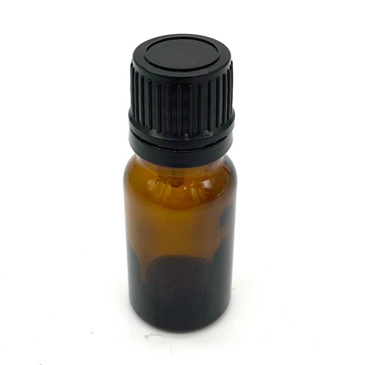 10ML AMBER GLASS EURO BOTTLE 18-415 NECK WITH BLACK LID for wholesale by LUX FRAGRANCES