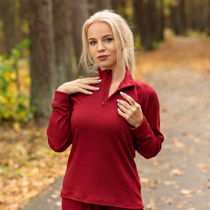 Women's Merino Wool Zip Neck Sports Shirt Cherry Red for wholesale by menique