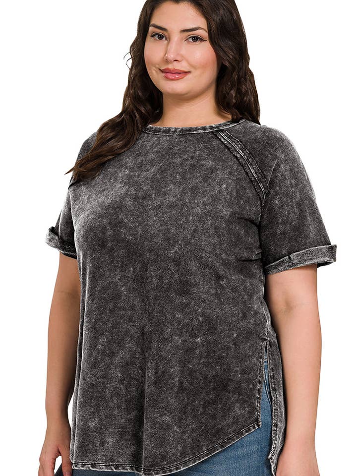 42POPS - Wholesale T-Shirt - Women's - ",,..SI-25676 PLUS SIZE FRENCH TERRY ACID WASH RAW EDGE RAGLAN