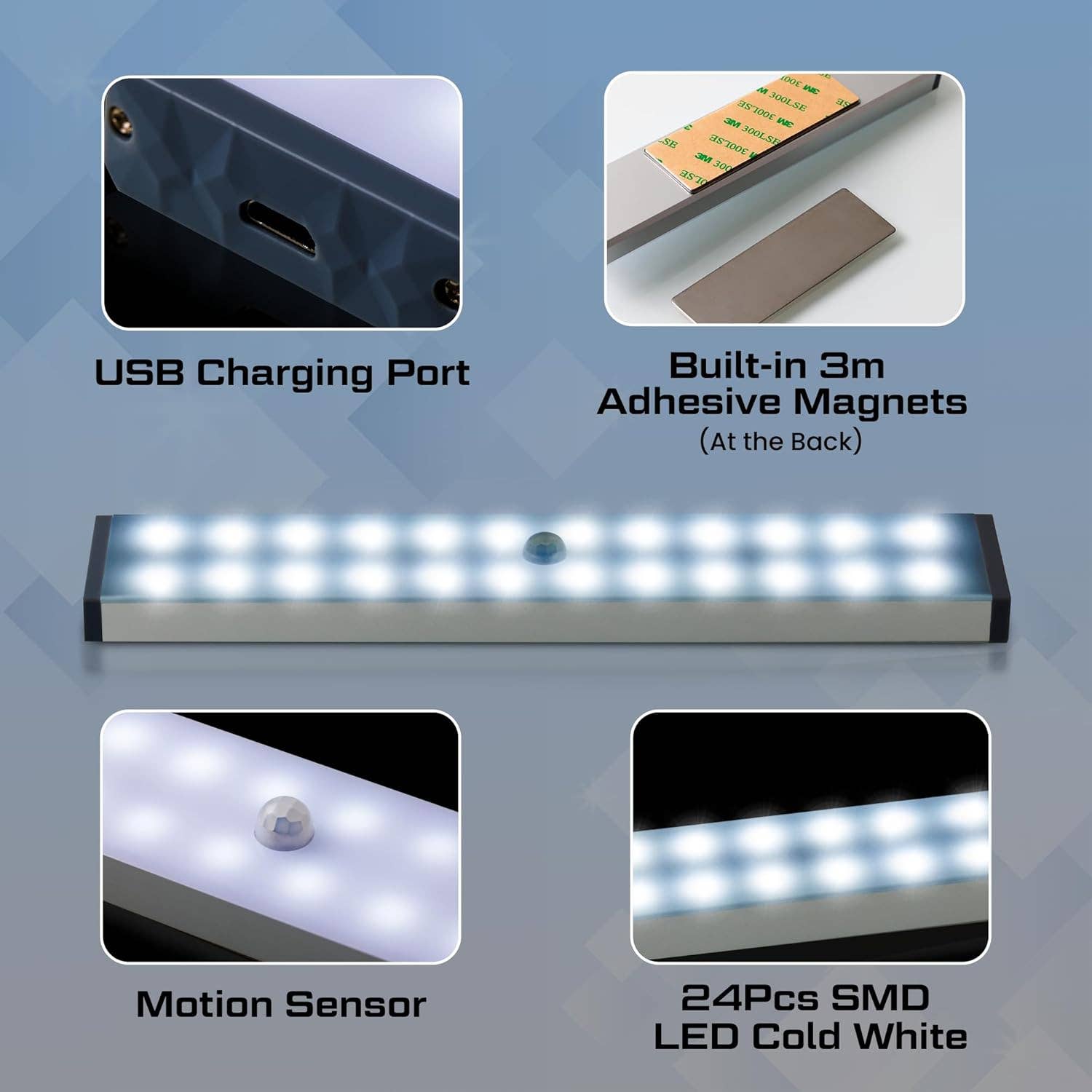 Moss & Stone - Venta al por mayor Luces nocturnas - Paquete de 3 luces de sensor de movimiento para debajo del mostrador, luces nocturnas recargables por USB inalámbricas de 24 LED, magnéticas autoadhesivas para iluminación de armarios y barra de luz nocturna activada por movimiento en armarios.3