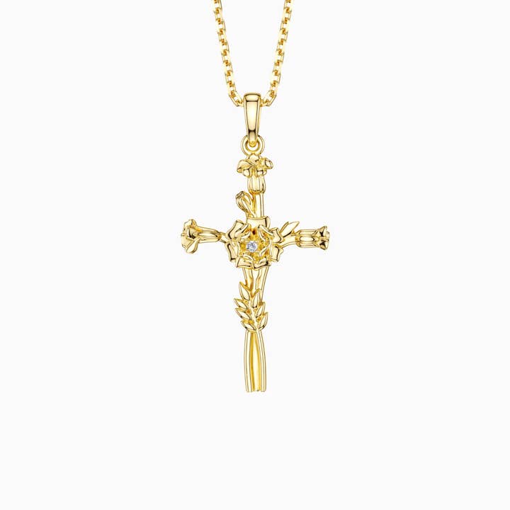 Floral Cross October Marigold Pendant Necklace for wholesale by Vanimy Jewelry