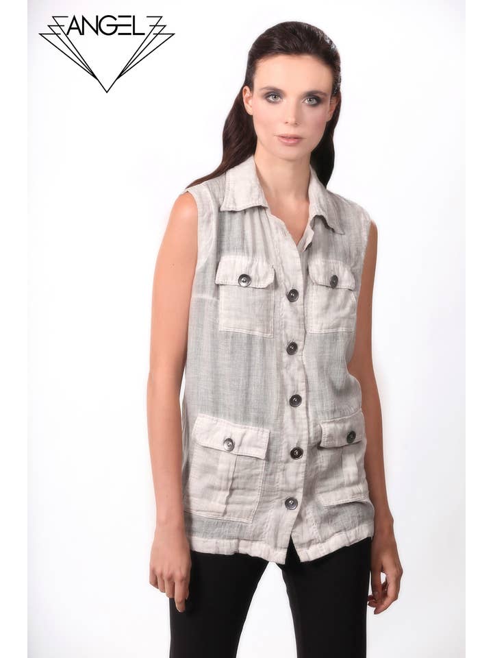 Beige Oljetvätt Pocket Cargo Vest för wholesale på Faire