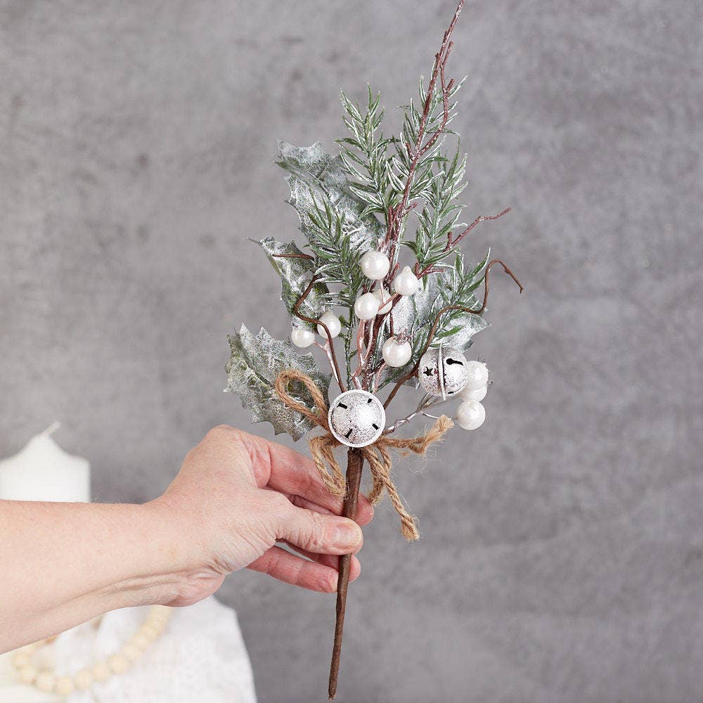 Factory Direct Craft - Wholesale Christmas Decoration - 12" Artificial Snowy White Berry and Bells Pick 3