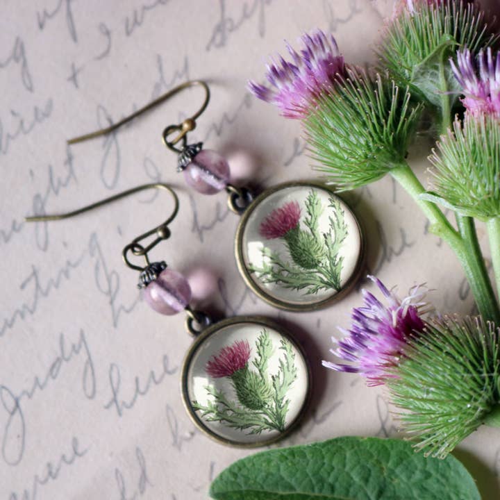 The Divine Iguana - Wholesale Dangle Earrings - Scottish Thistle Glass Cabochon Earrings5