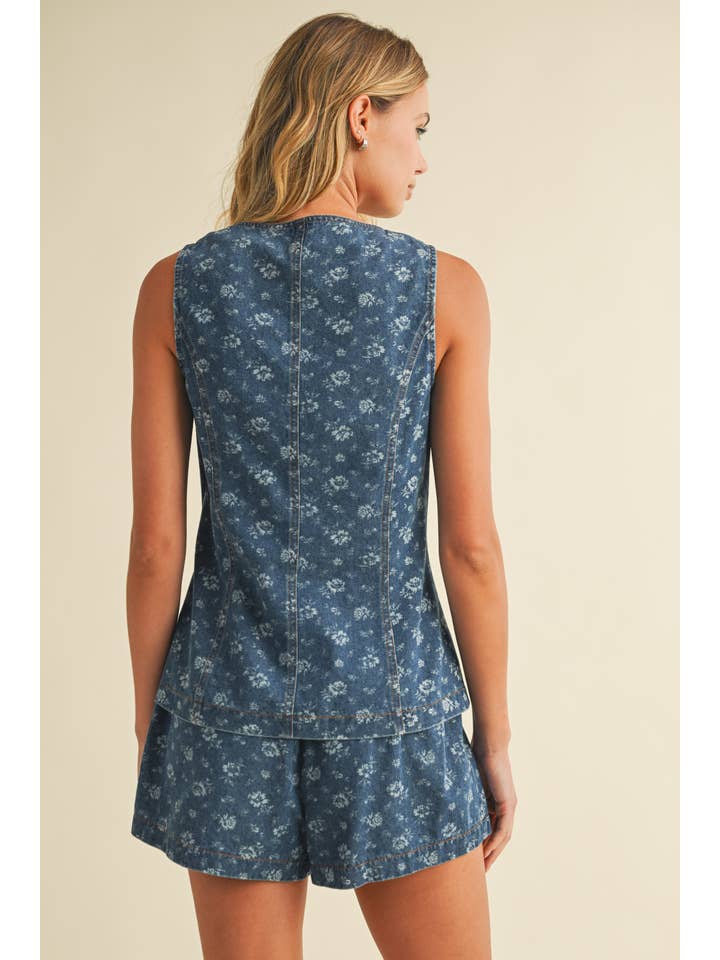 Klesis - Wholesale Top & Short Set (NOT Loungewear) - Women's - IST5874-C FLORAL PRINT BUTTON DOWN DENIM VEST AND SHORTS SET15