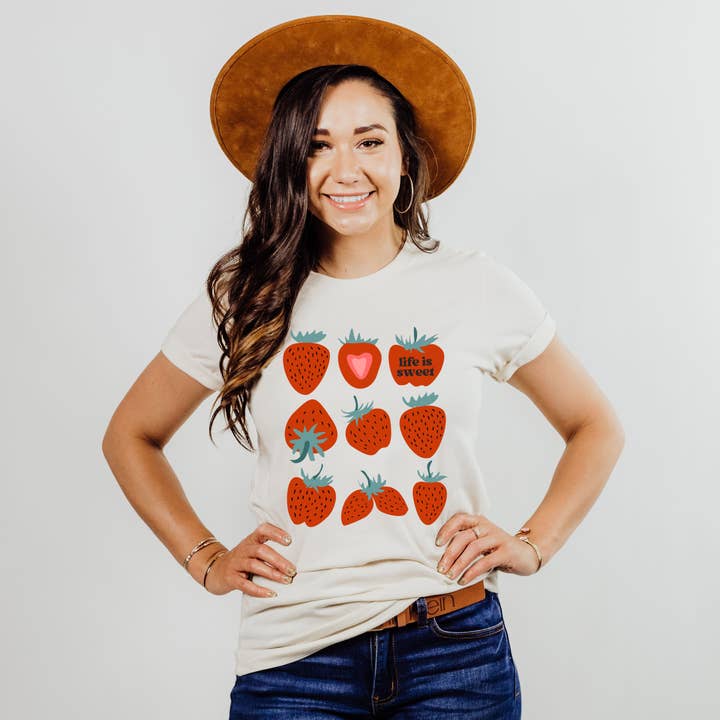 Life Is Sweet Tee, Strawberry Tshirt, for wholesale by Scripted Pearl