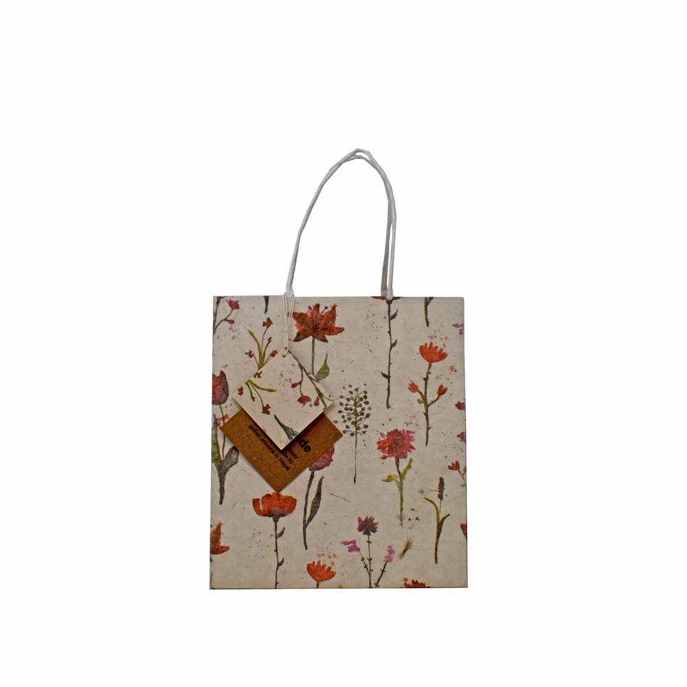Fair to Trade Ltd – wholesale Gift bag – Handmade Lokta Paper Gift Bag Red flowers on Beige 2 Sizes5
