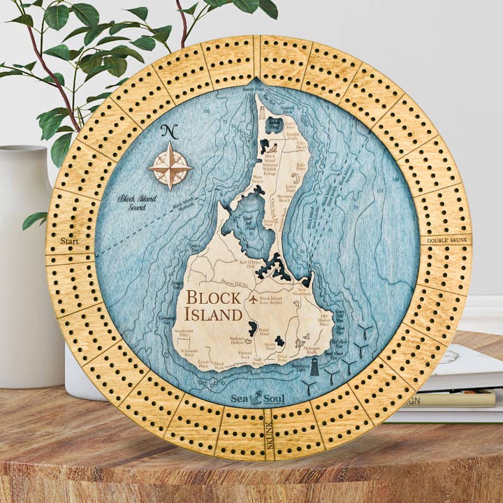 Sea & Soul Nautical Chart Art - Vente Jeux de cartes - Planche de cribbage en bois nautique personnalisée de Block Island2