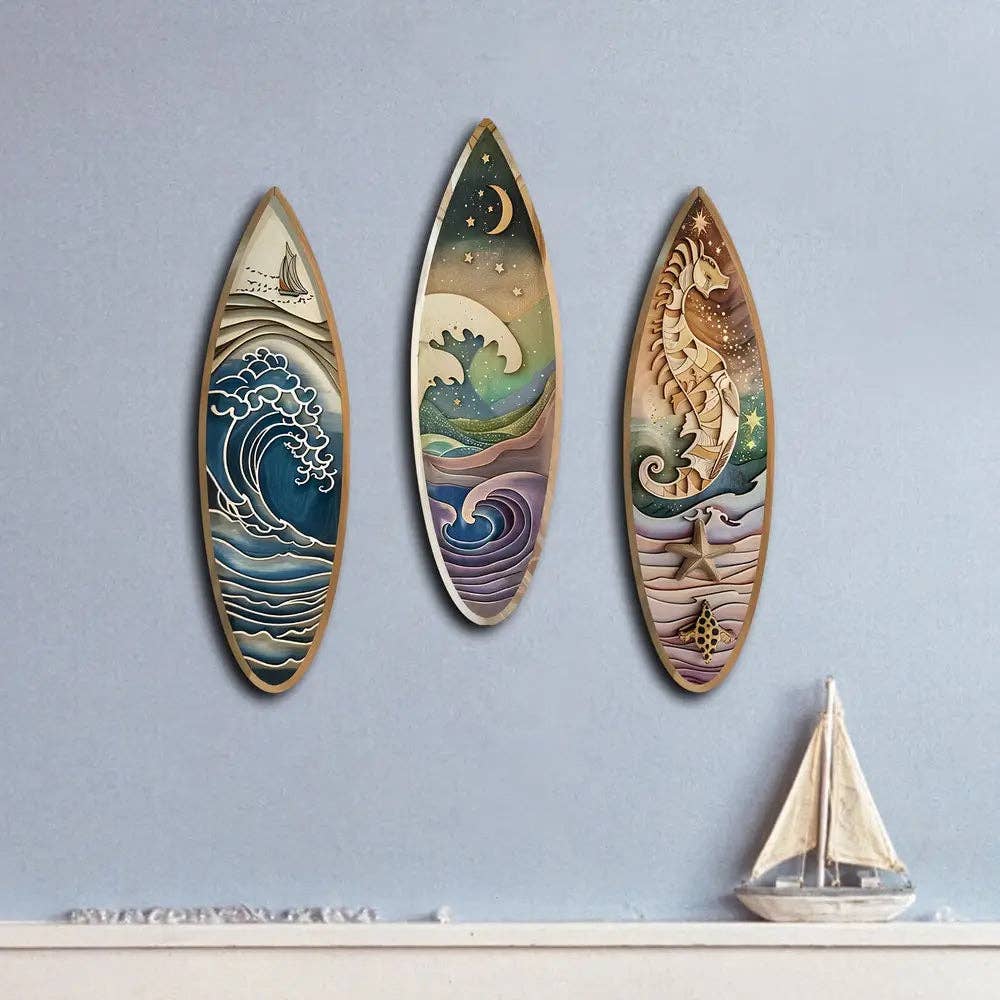 Huis Van Merken - Wholesale Gallery Wall Set - 3pcs Boho Wooden Surfboard Wall Art Set with Sailboat, Seahorse, and Night Wave Patterns0
