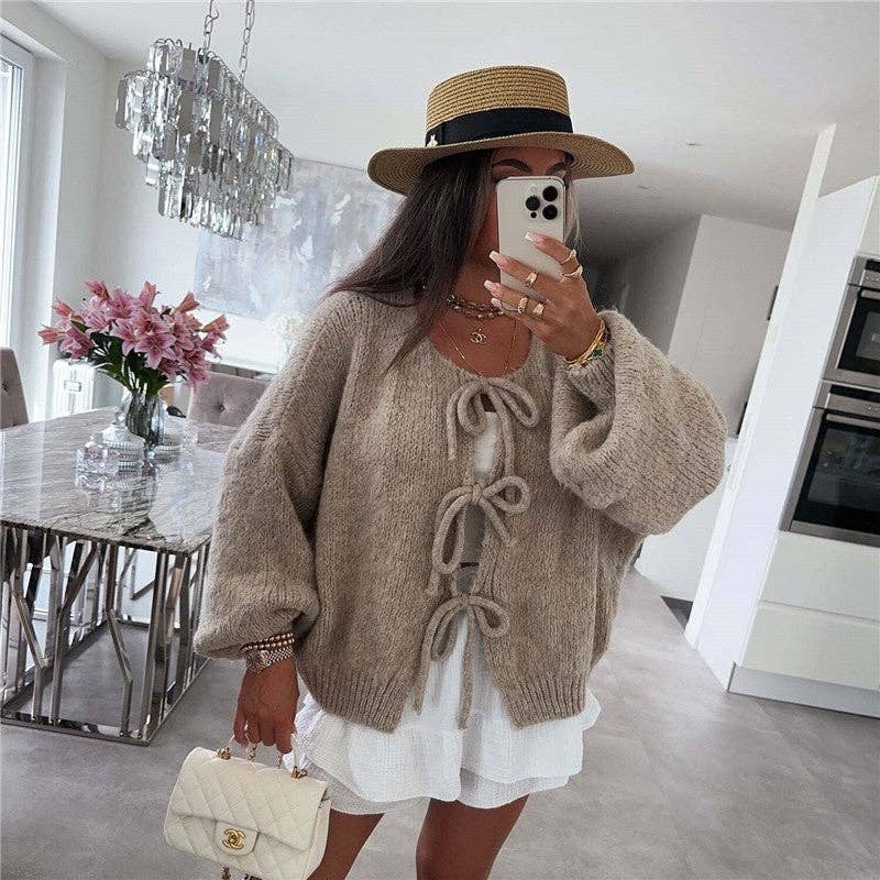 Sheer Trend – Großhandel Strickjacke – Damen – Einfacher Strickjacke mit Bindegürtel und Rundhalsausschnitt2