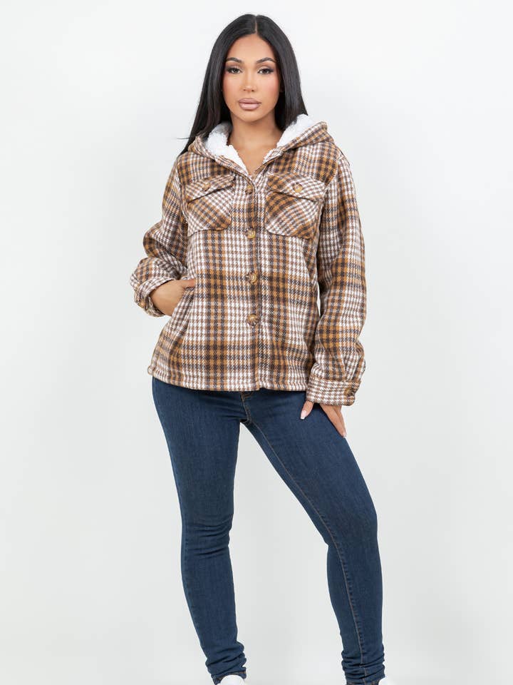 Brown plaid flannel shirt jacket with hoodie fur  shacket for wholesale by Color 5