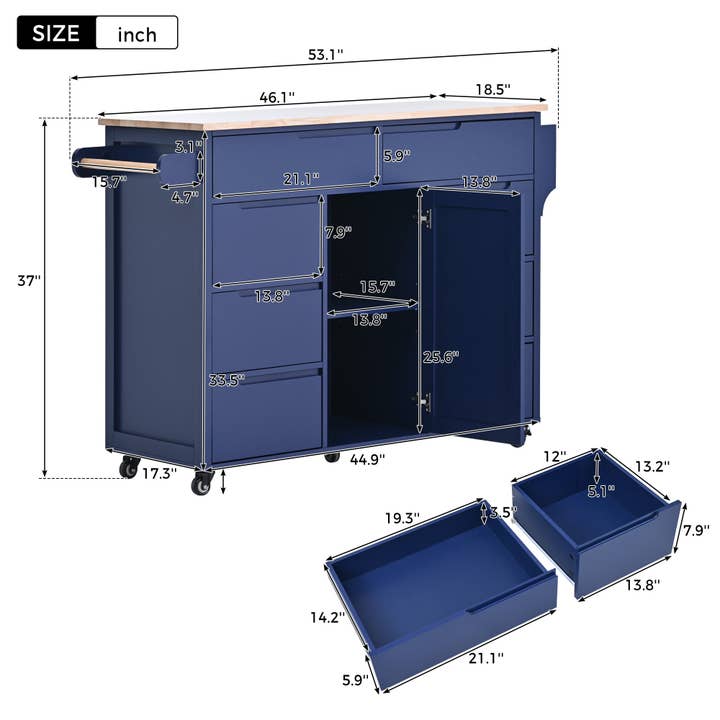39F Inc. - Wholesale Kitchen Storage/Organizer - 53" Dark Blue Kitchen Island Cart with 8 Drawers & Wood 7