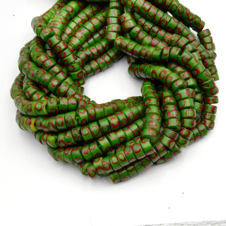 Only Beads - Wholesale Beads - Batik Heishi Bone Beads | Painted Green with Red Design