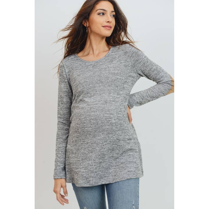 Brushed Knit Maternity Elbow Patch Long SleeveTop for wholesale by Hello Miz