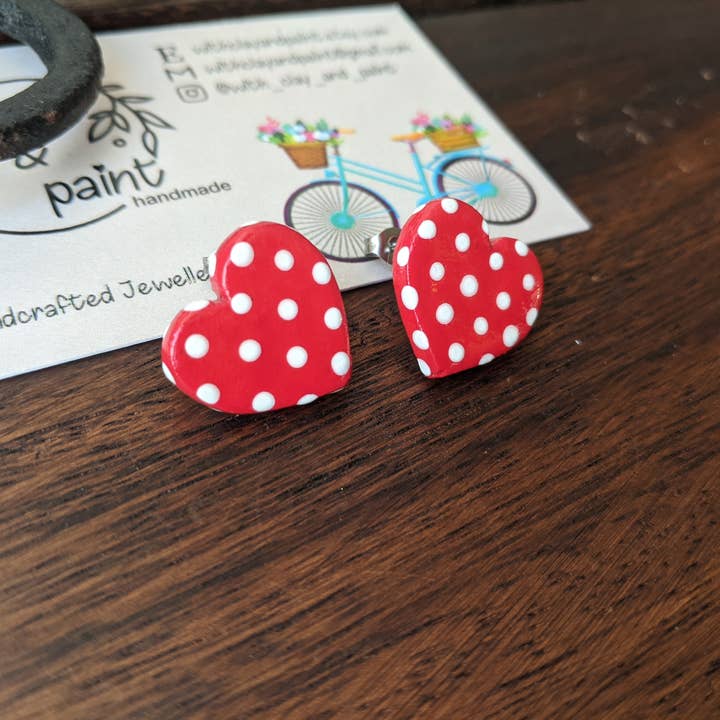 With Clay & Paint – wholesale Stud/post earrings – Red polka dot heart studs