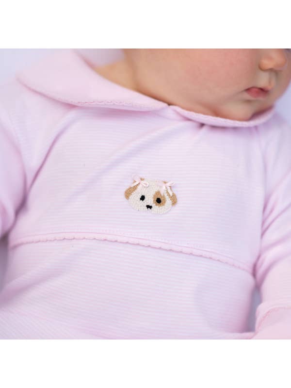 Spotted Girl Puppy Pima Playsuit | Lt Pink Mini Stripe for wholesale on Faire5