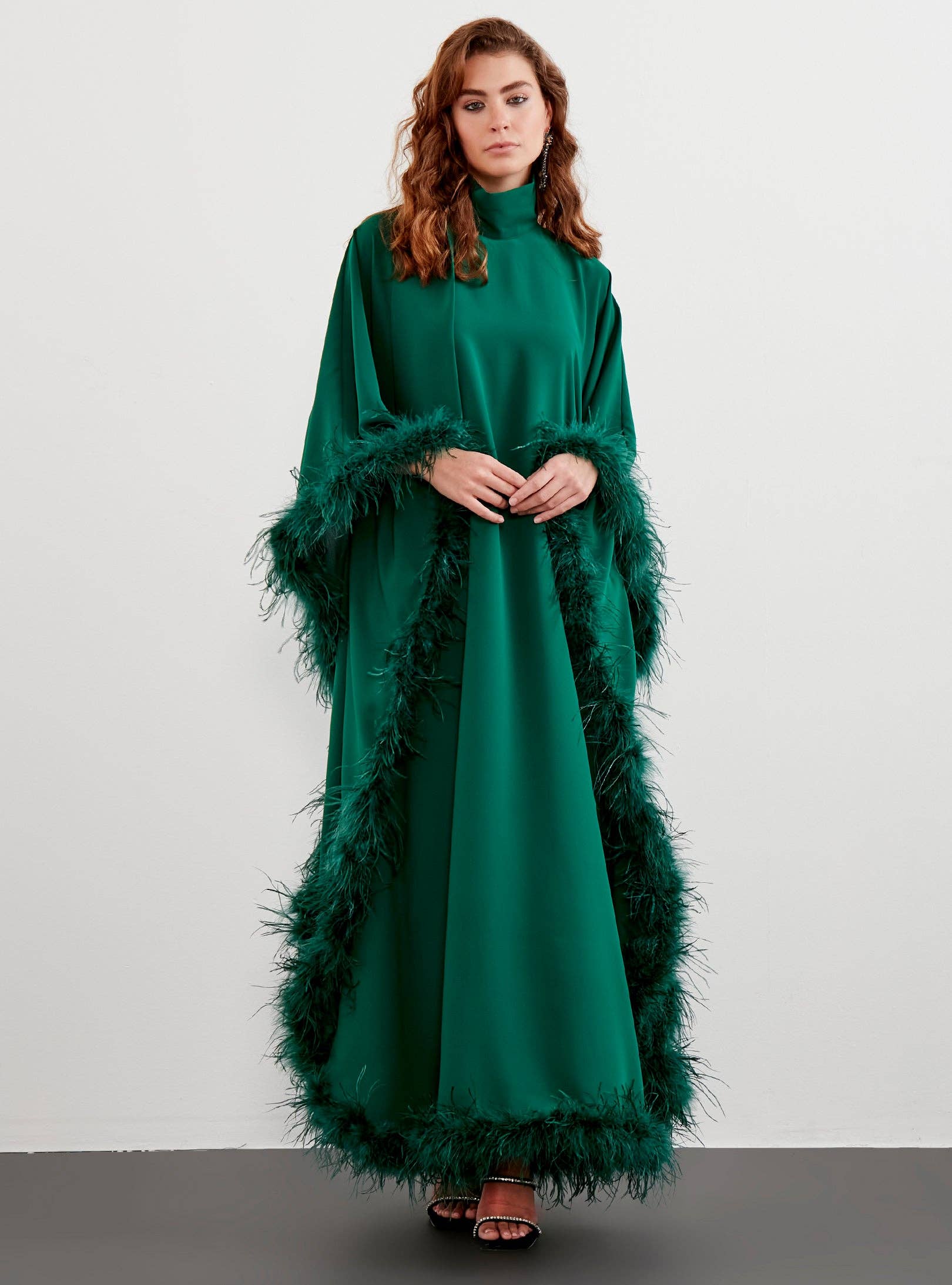 Store WF – wholesale Kaftan – Women's – Feather Trimmed Emerald Kaftan Dress2