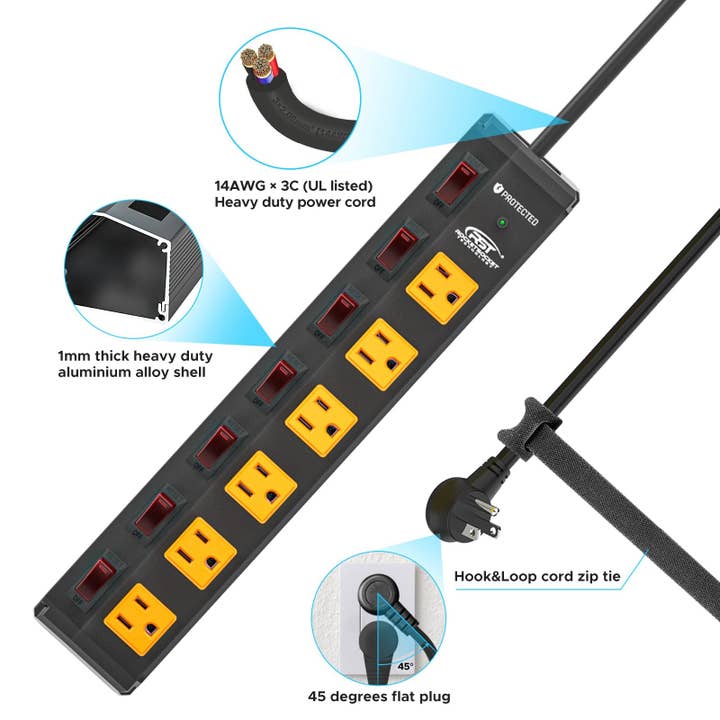 Rocket Socket Technology - Wholesale Power Adapter - CRST 6 Outlets Individual Switches Mountable Metal Power Strip Surge Protector, 6FT Flat Plug Power Cord, Optional 3 Colors