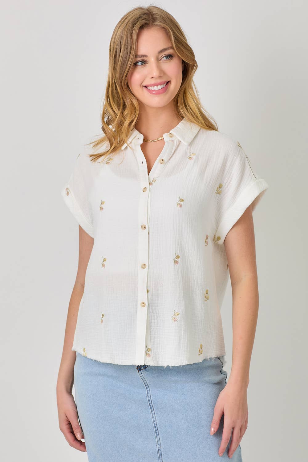 Mystree - Vente Chemise à col boutonné – femme - Haut brodé lavé 6095822