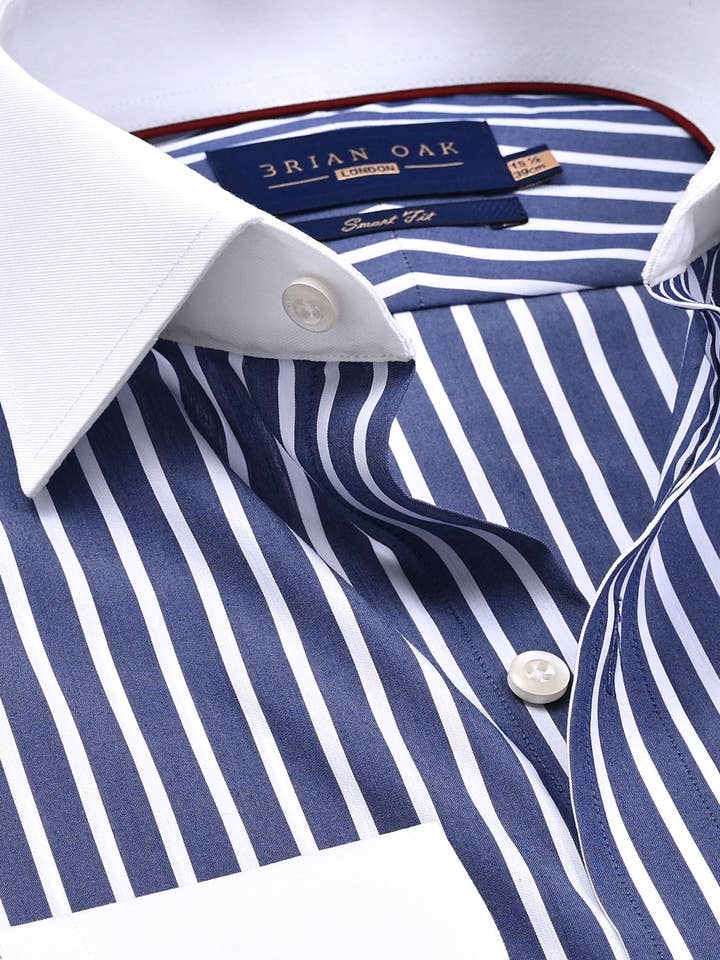 Navy Striped Shirt with Contrast Collar & Cuffs for wholesale by Brian Oak Limited