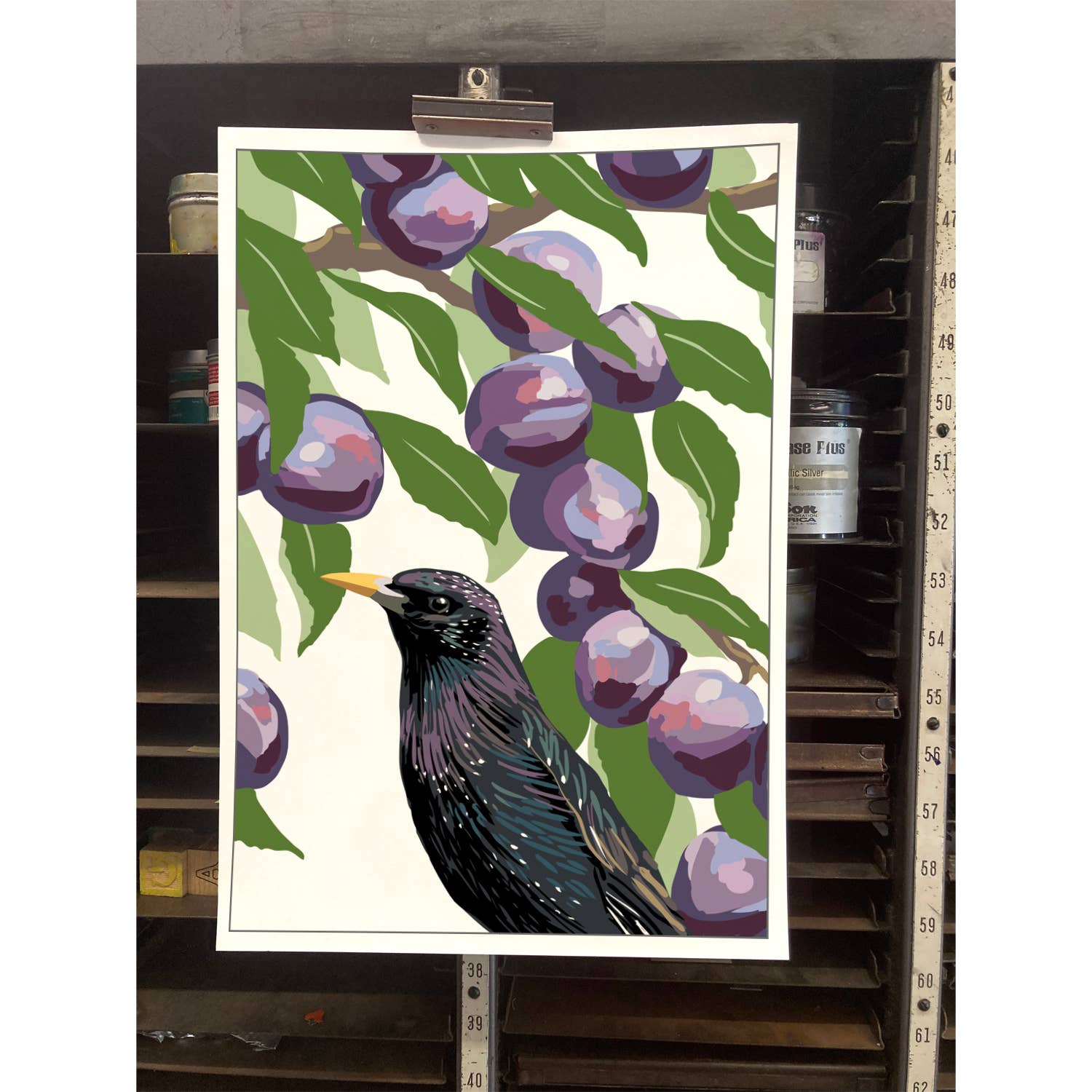 Rigel Paper - Venta al por mayor Ilustración - Impresión de Arte de Estornino y Ciruelas: Pájaro en Jardín de Frutas1