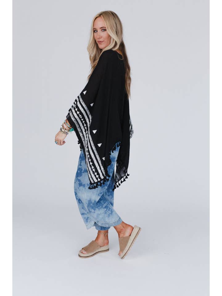 Three Bird Nest - Wholesale Poncho - Women's - Fallon Embroidered Sleeve Tassel Poncho - Black3