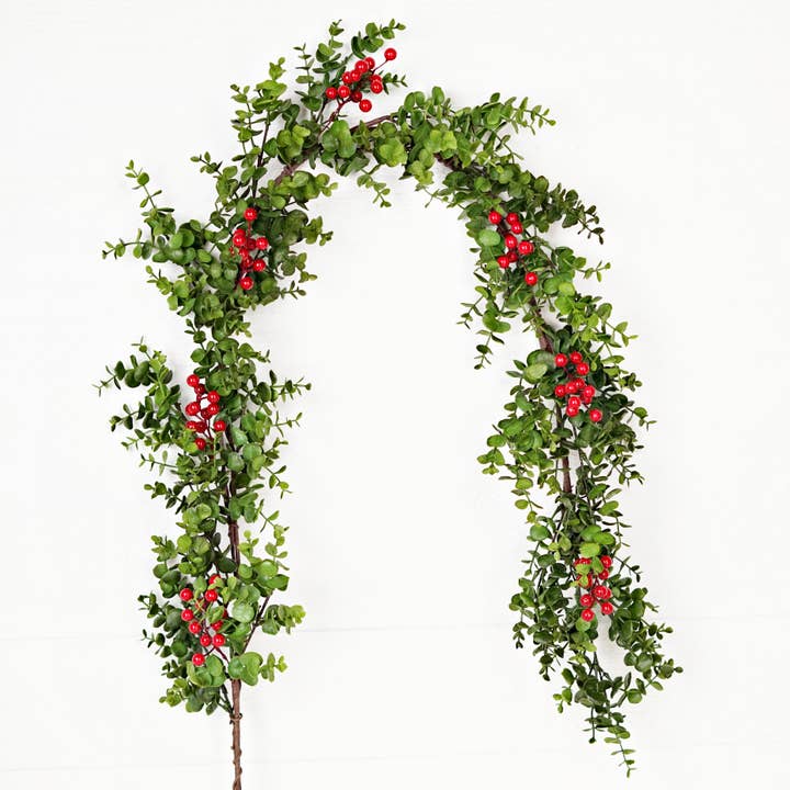 510011- 5ft Garland-Soft Touch Evergreen Eucalyptus with Red for wholesale by Impressive Enterprises, Inc.