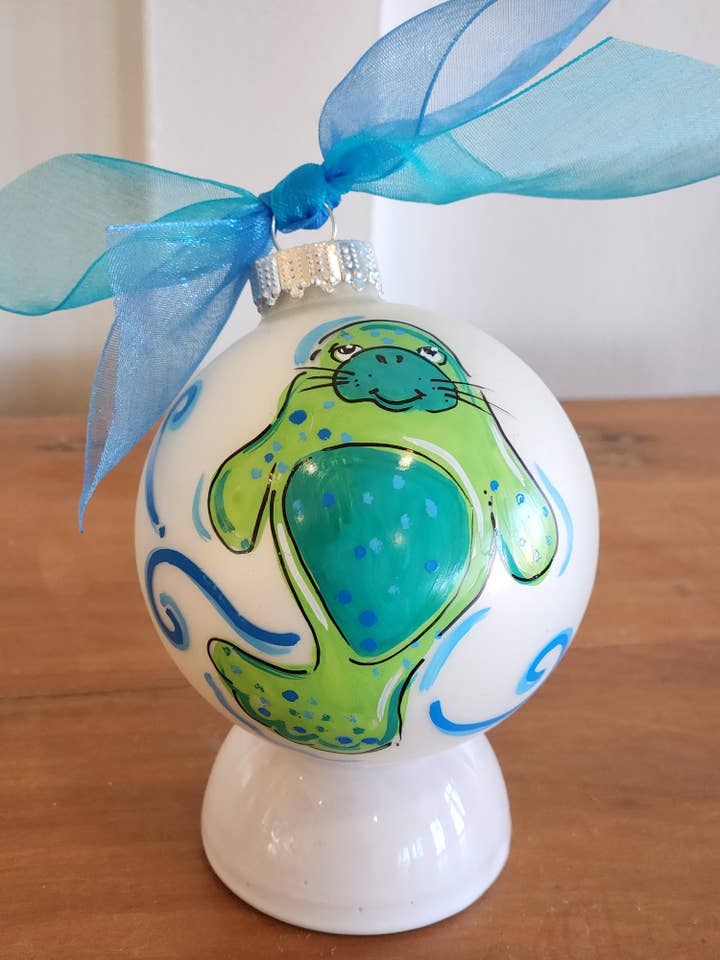 Manatee Hand Painted glass ornament for wholesale by Kirsten in Color
