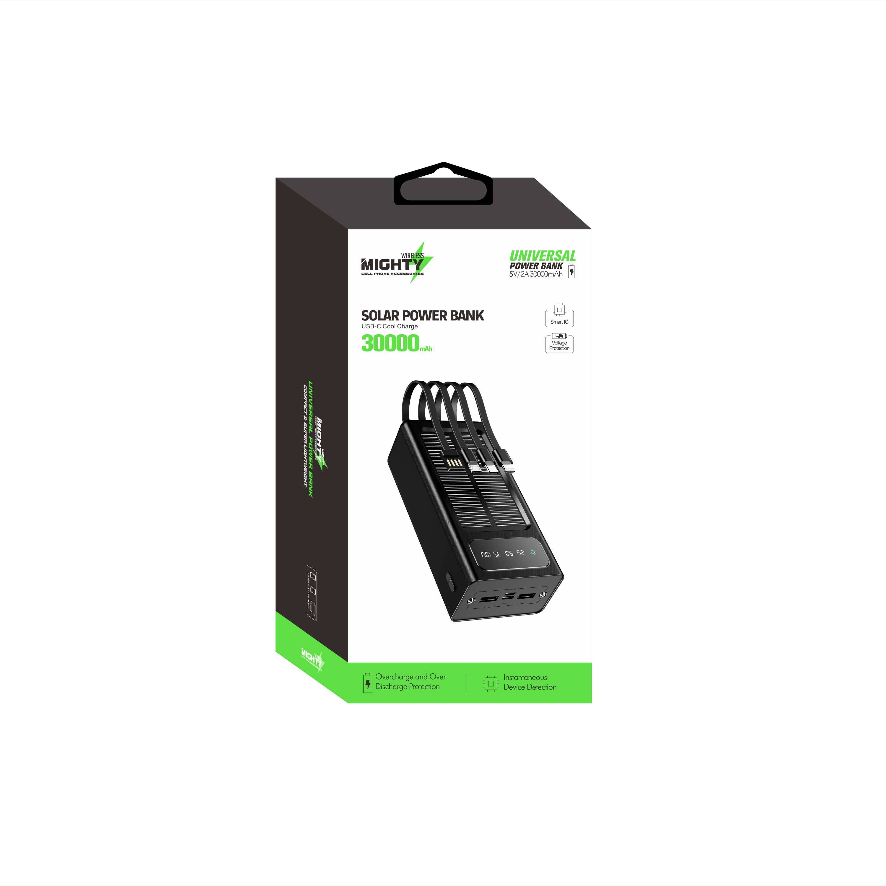 Mighty Wireless - Wholesale Portable Charger - Mighty 30,000mAh Solar Power Bank with 4 Cables Black YM309