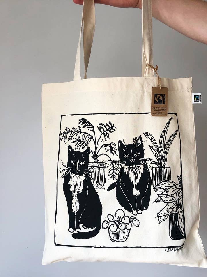 Eco friendly GOTS Organic and FairTrade Cats & Plants tote bag for wholesale by LDMDesign
