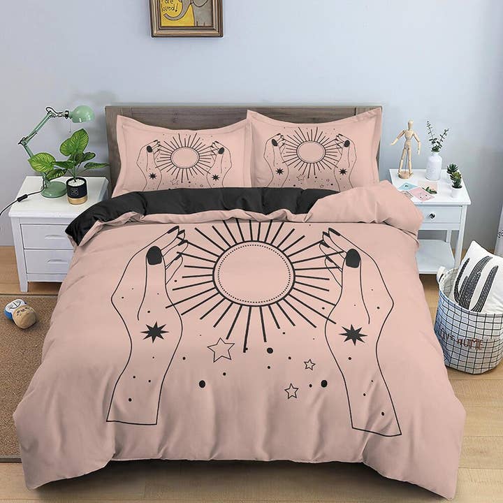 solen boho beige sängkläder minimalistisk, zodiak gåva himmelsk sovsal sängkläder, astrologi påslakan set, estetisk påslakan kung drottning full för wholesale av daintyduvet