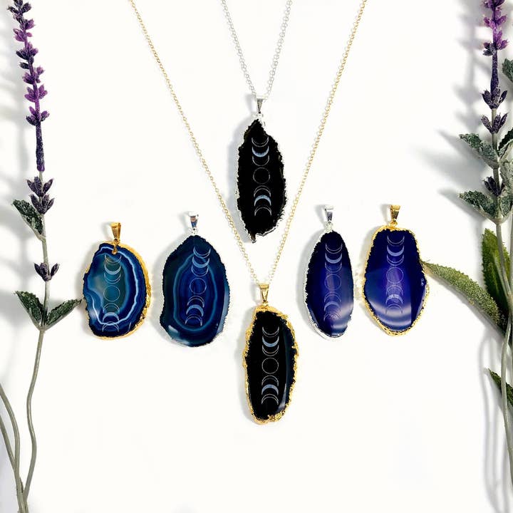 Jewelers Paradise - Wholesale Individual charm/pendant - Agate Slice Pendants with Moon Phases Electroplated Edges11