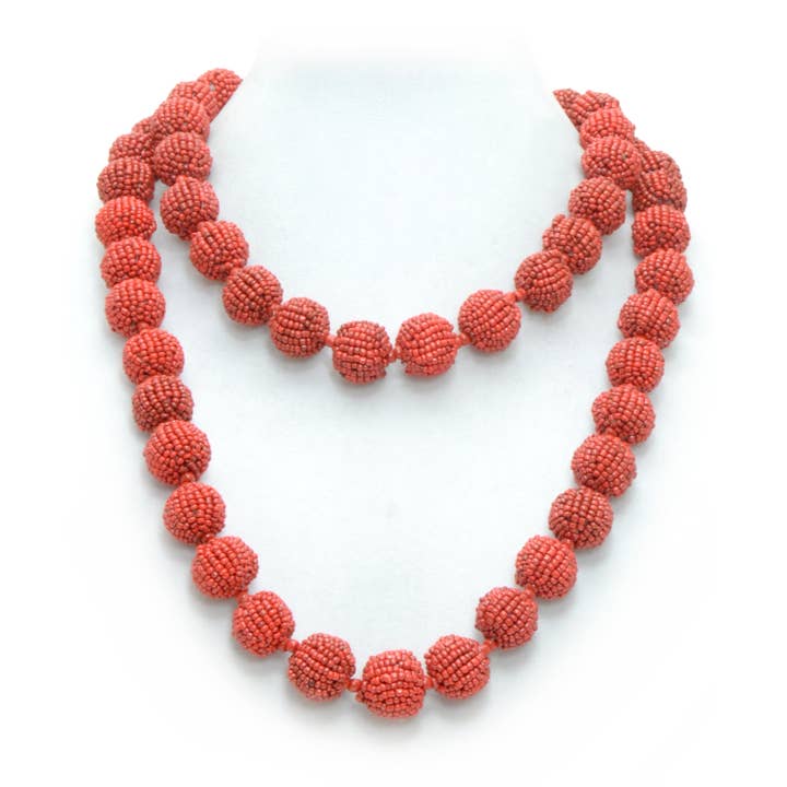 Seed bead 48inch long ball Necklace in Antique Coral for wholesale by Erik & Mike