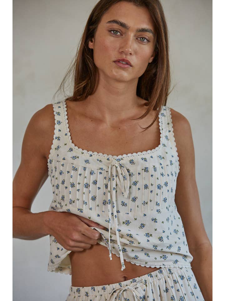 Cream Multi L8268 | Woven Cotton Floral Print Pleated Tank for wholesale on Faire