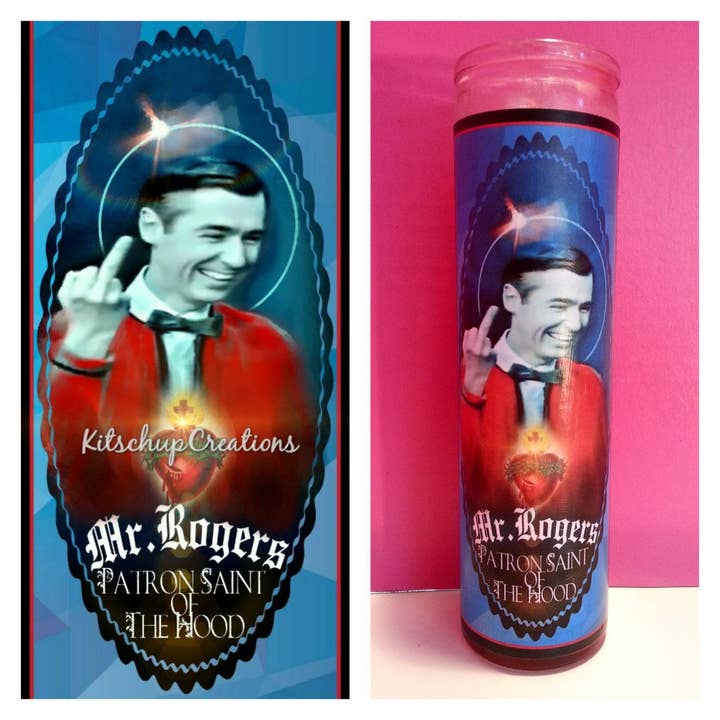 Mr. Rodgers Patron Saint of The Hood Prayer Candle for wholesale by Kitschup Creations