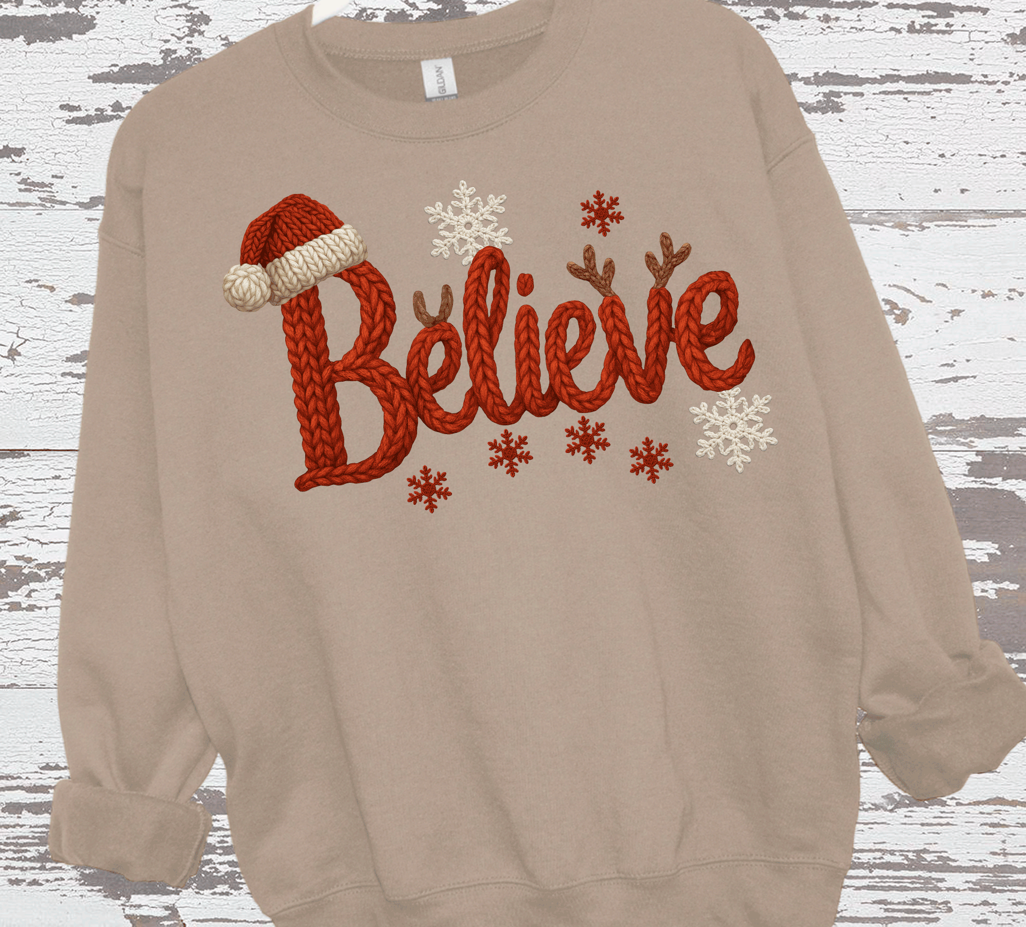 A Blessed Texas Mess Boutique - Wholesale Graphic Sweatshirt - Women's - Christmas Believe Realistic faux yarn Viral Gift Sweatshirt3