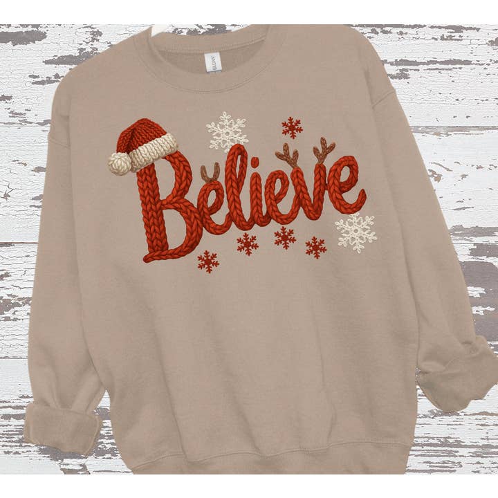 A Blessed Texas Mess Boutique - Wholesale Graphic Sweatshirt - Women's - Christmas Believe Realistic faux yarn Viral Gift Sweatshirt3