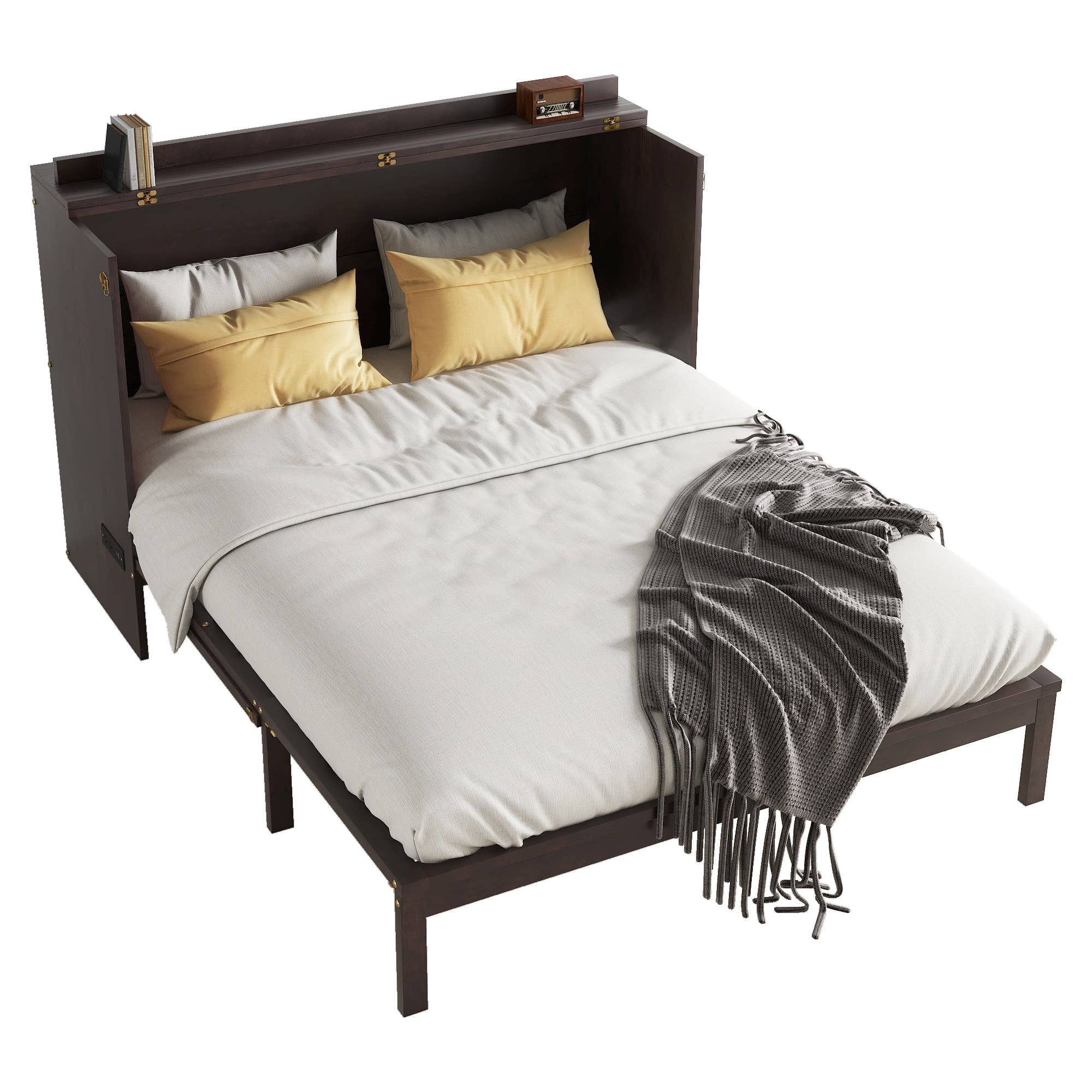 39F Inc. - Wholesale Bed - Queen Size Murphy Bed, Pine Wood Cabinet Bed w Power Station26