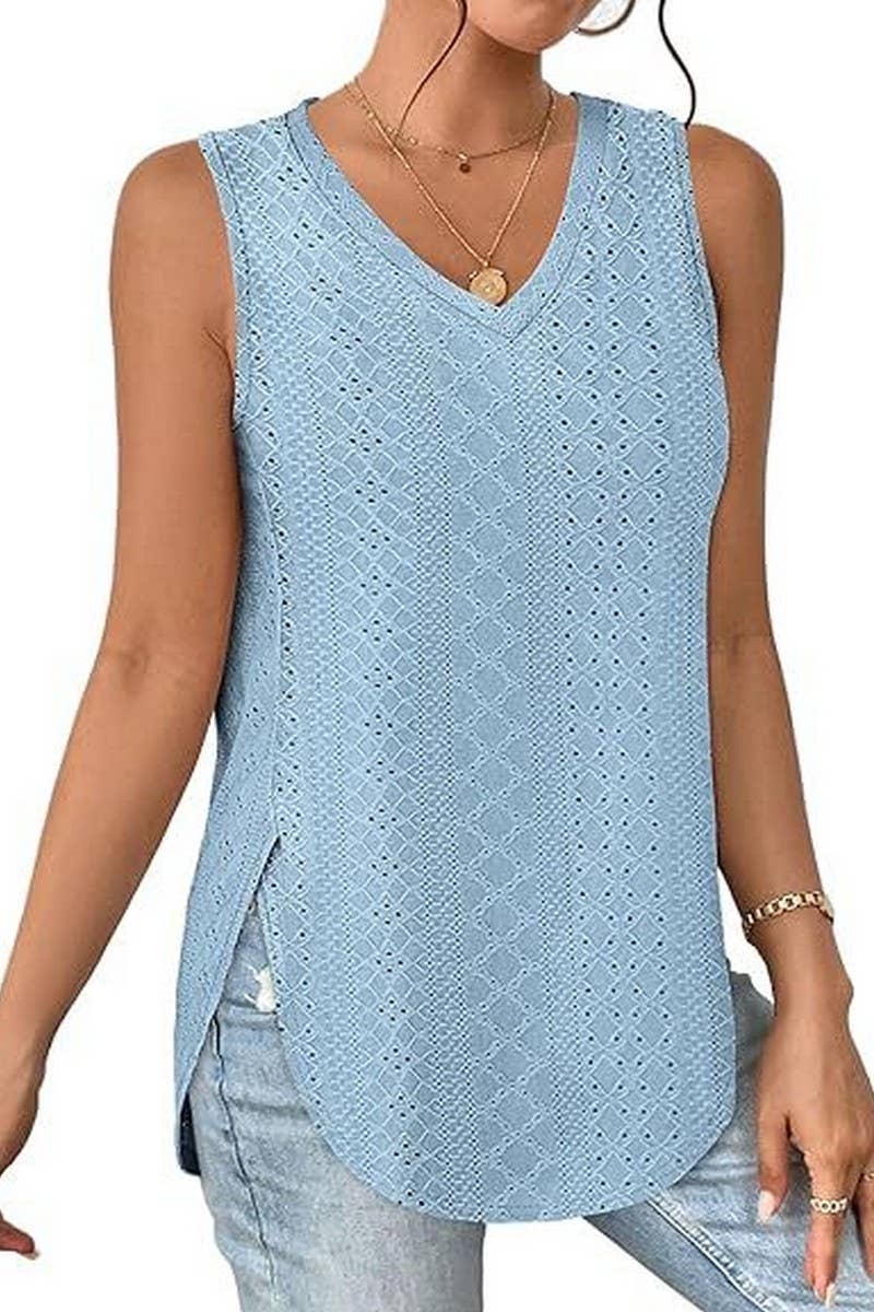 Lily Clothing - Wholesale Tunic - Women's - V NECK SLEEVELESS SLIT SOLID COLOR CASUAL SHIRT_CWTSTSL00697