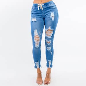 Women Pull-on Distressed Drawstring Elastic Waist Denim Pants Hole Stretch  Joggers Ripped Jeans for Teen Girls Womens Clothes 