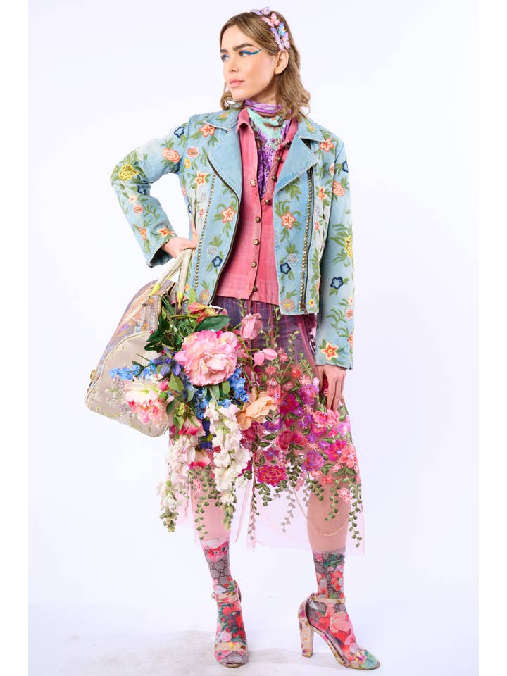 Lucinda Embroidered Denim Motorcycle Jacket for wholesale on Faire10