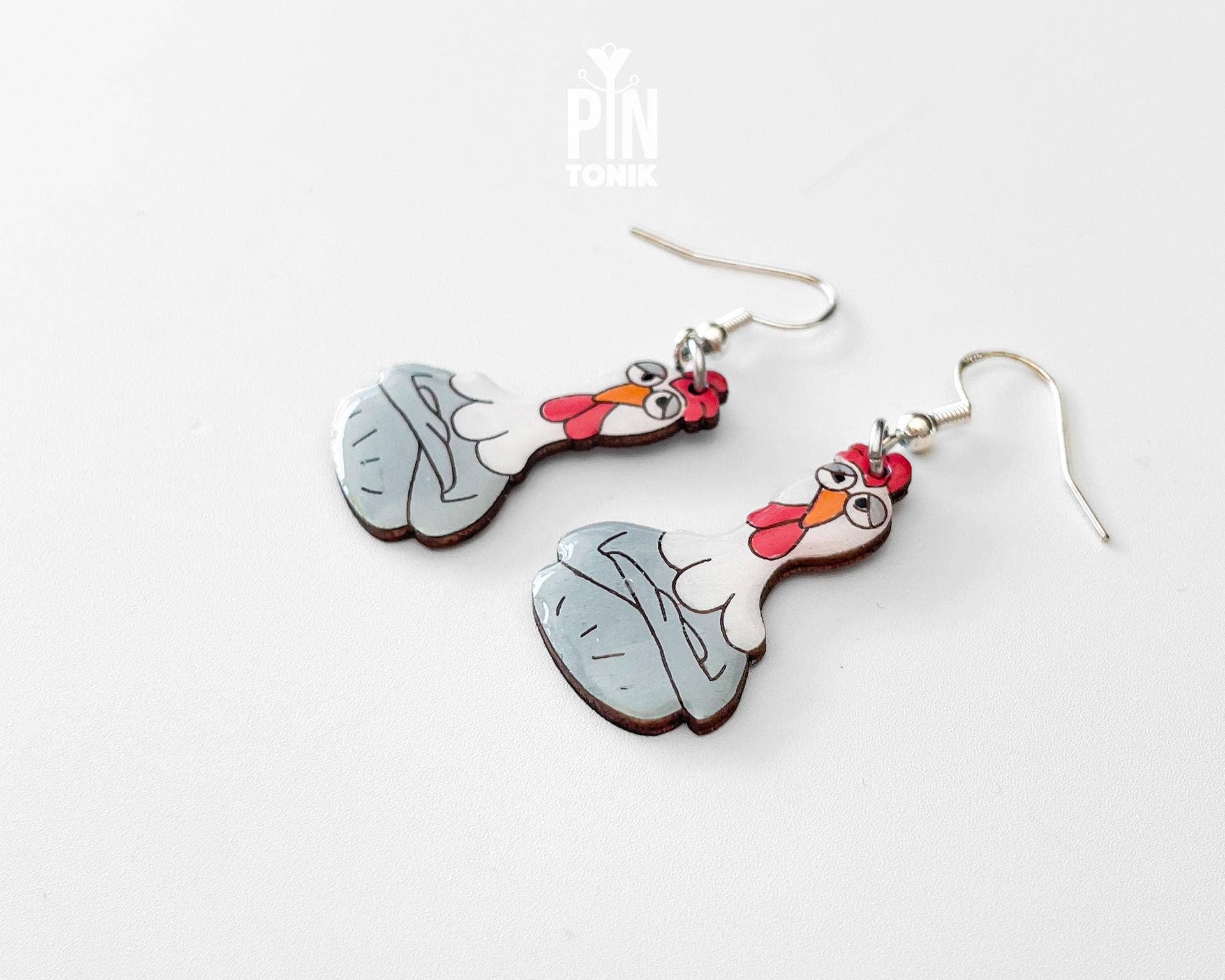 PinTonik - Wholesale Dangle Earrings - Chicken Hen Dangle Earrings in Wood and Sterling Silver5