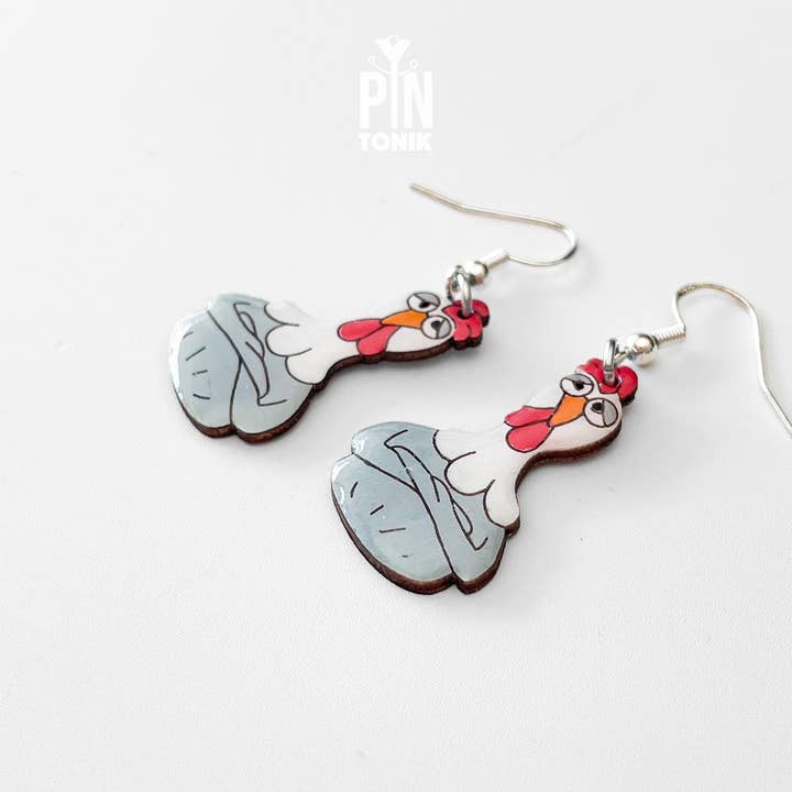 PinTonik - Wholesale Dangle Earrings - Chicken Hen Dangle Earrings in Wood and Sterling Silver5
