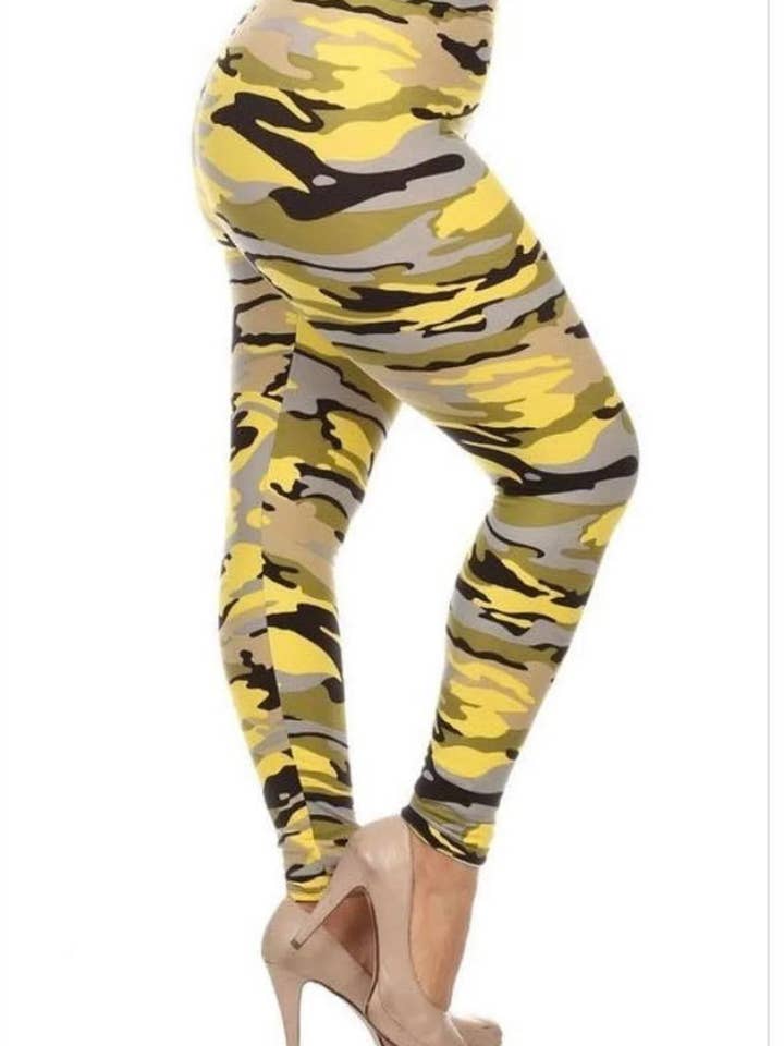 Gele camo-camouflageprint plus size curvy legging voor wholesale door Love 4 Leggings