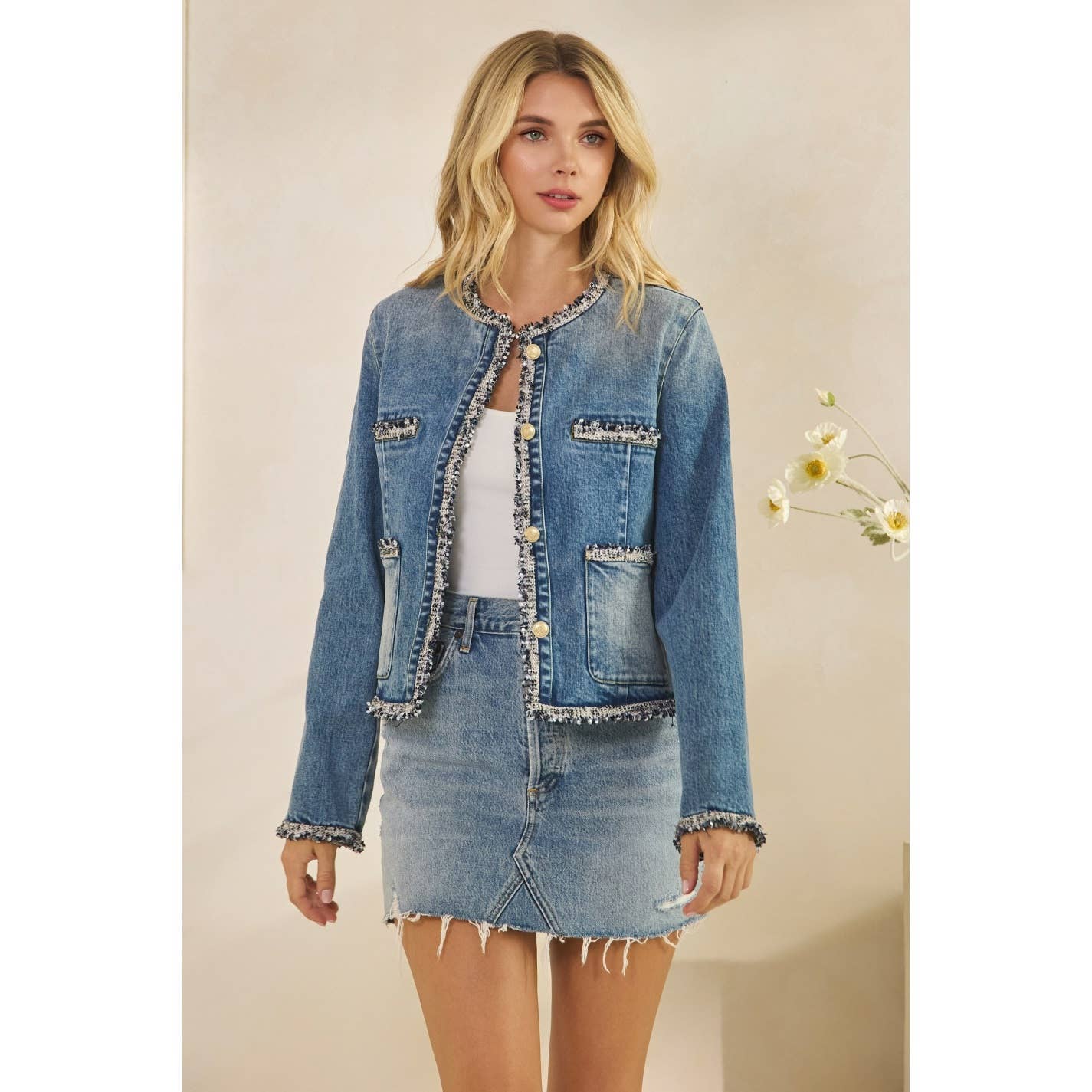 Med Wash Tweed Trimmed Front Pocket Denim Jacket for wholesale on Faire2