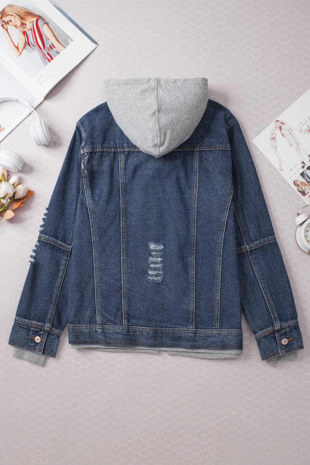 Dark Blue Fake Two-Piece Hooded Zip-Up Denim Jacket for wholesale on Faire4