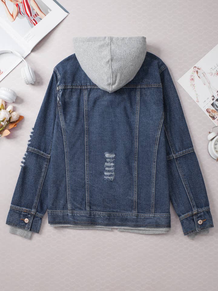 Dark Blue Fake Two-Piece Hooded Zip-Up Denim Jacket for wholesale on Faire4