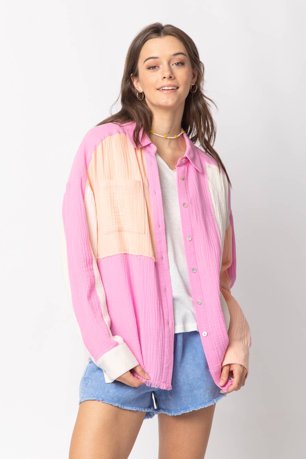 VERY J - Wholesale Button Down Shirt - Women's - NT10324-Color Blocked Button Down Shirt10